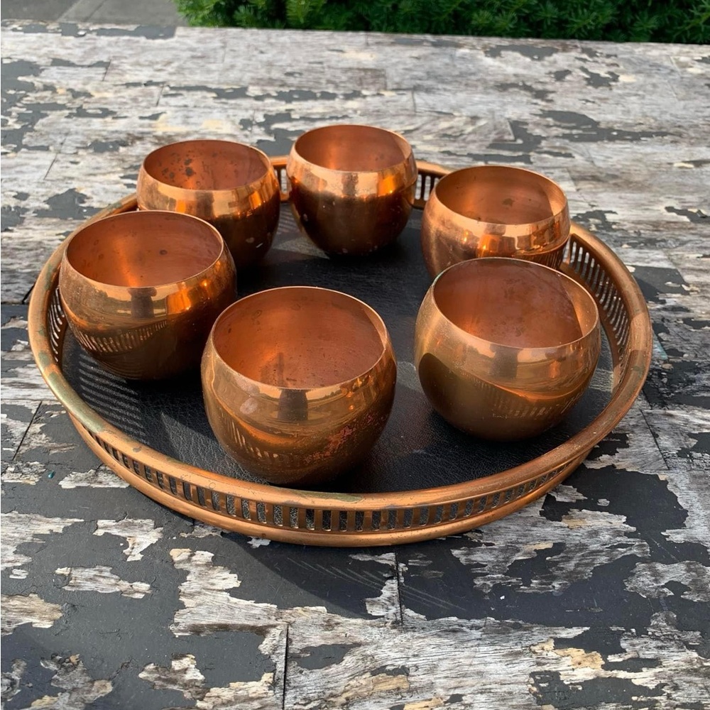 Vintage Coppercraft Guild Tray and 6 Roly Poly Cups